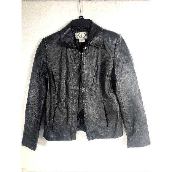 Clio Petites Black 100% Leather Jacket Coat Petite Size 4 - Picture 1 of 11